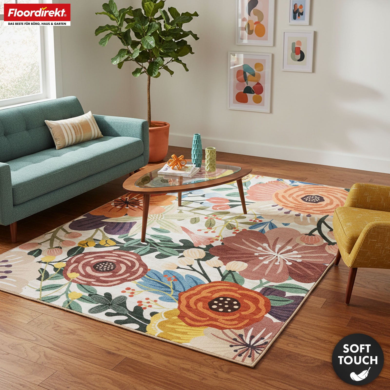 Area Rug | Fleur | Modern Rug with Colorful Floral Design | Non-Slip, Durable & Easy to Clean | Available in Various Sizes