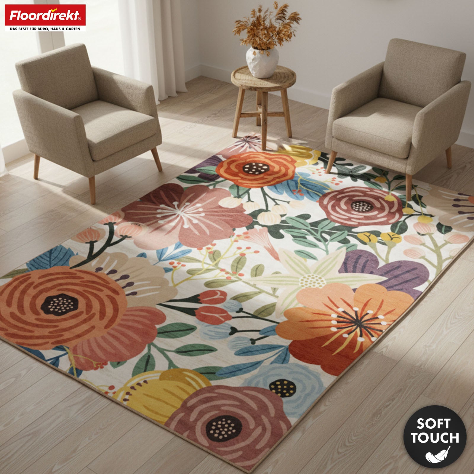 Area Rug | Fleur | Modern Rug with Colorful Floral Design | Non-Slip, Durable & Easy to Clean | Available in Various Sizes