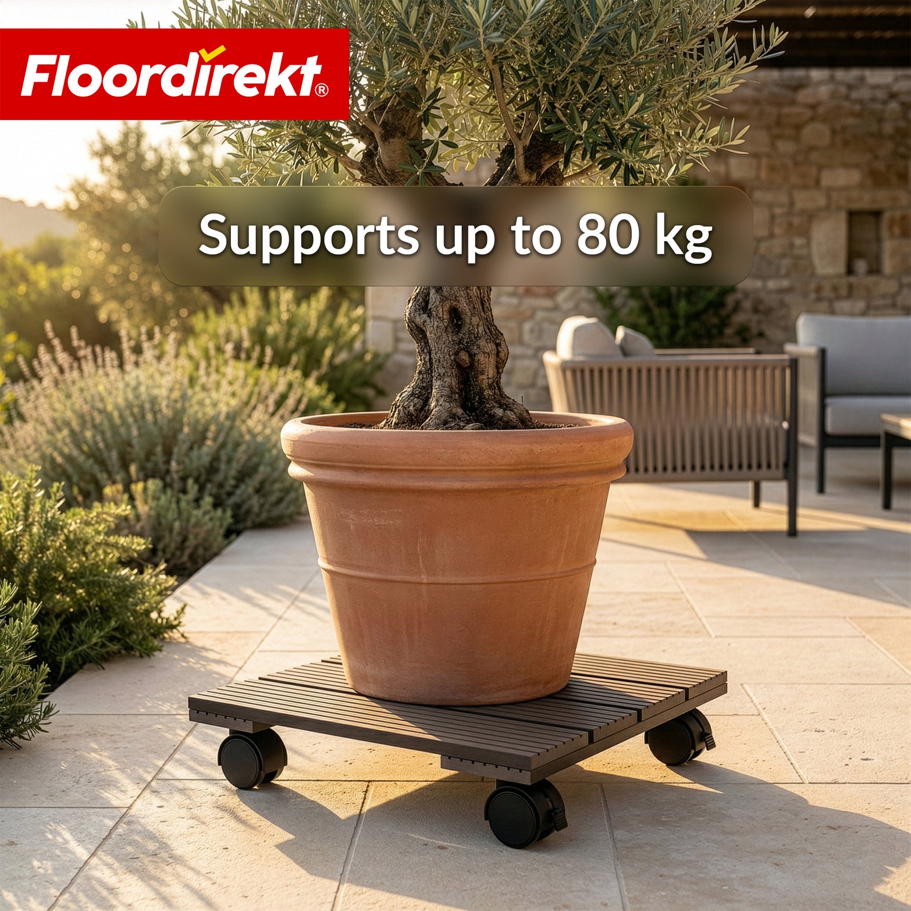 WPC Plant Caddy | Marquis | Plant Trolley 30 x 30 cm | 360° Swivel Castors with Brake | Load Capacity up to 80 kg