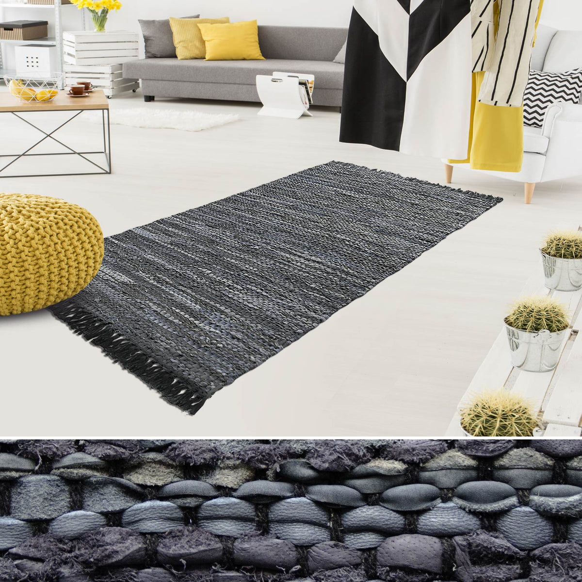 Leather Rug Derby Handwoven Dark Grey Hardwearing & Durable — Floordirekt UK