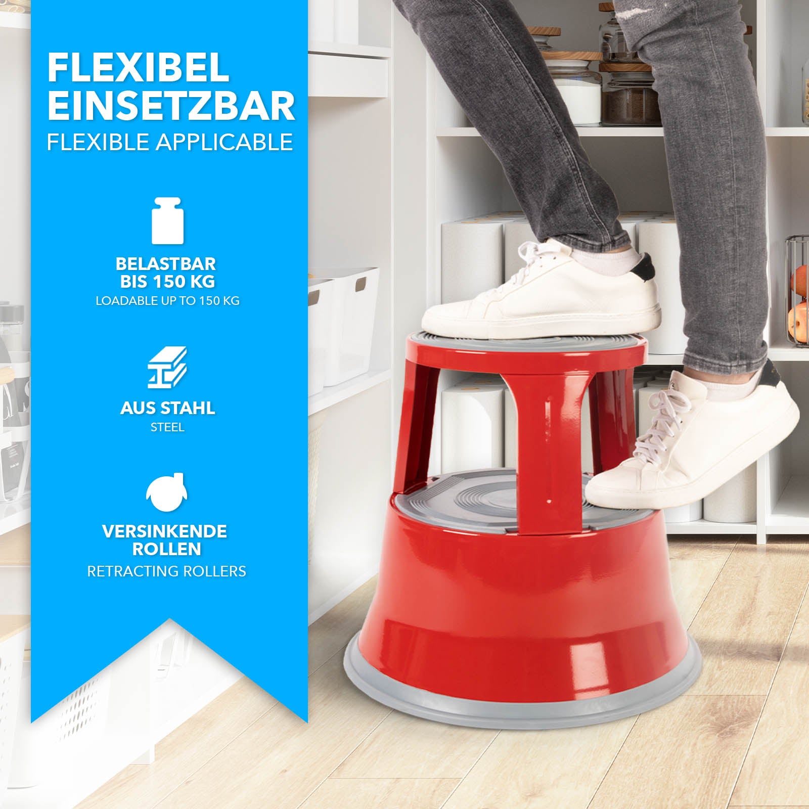 Rolling Step Stool | Retractable Castors | Steel | For Office Or Comme ...